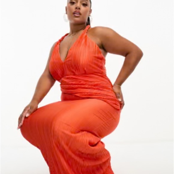 ASOS Curve Orange Ribbed Backless Maxi Gown - Picture 2 of 3